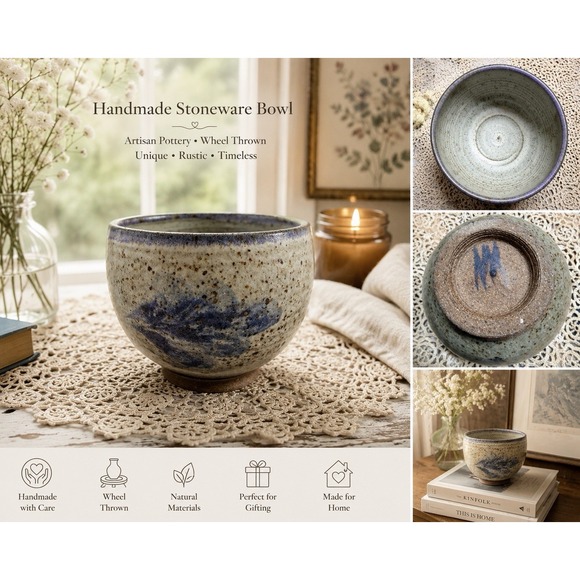 Handmade Other - Handmade Studio Pottery Stoneware Bowl | Signed Artisan Ceramic | Blue Speckled
